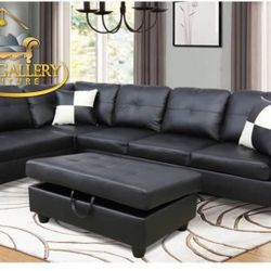 Sectional Sofa Black Faux Leather 3-Piece Couch Living Room Sofa Set  including storage ottoman