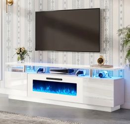NEW 80Inch Fits up to 98” Tv  White Gloss TV Stand with Electric Fireplace and LED Lighting