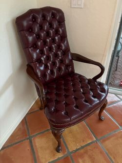 Burgundy Tufted Leather Armchair with Wood Frame