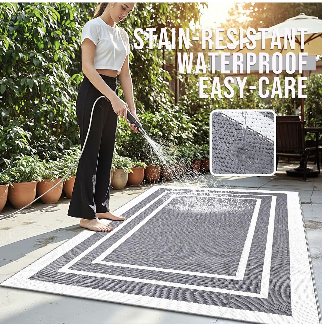 Outdoor Rug 5x8 ft Waterproof, Reversible Outdoor Plastic Straw Rug, RV Mat, Grey and White