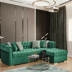 Audrey Velvet Green RAF Chaise Sectional

