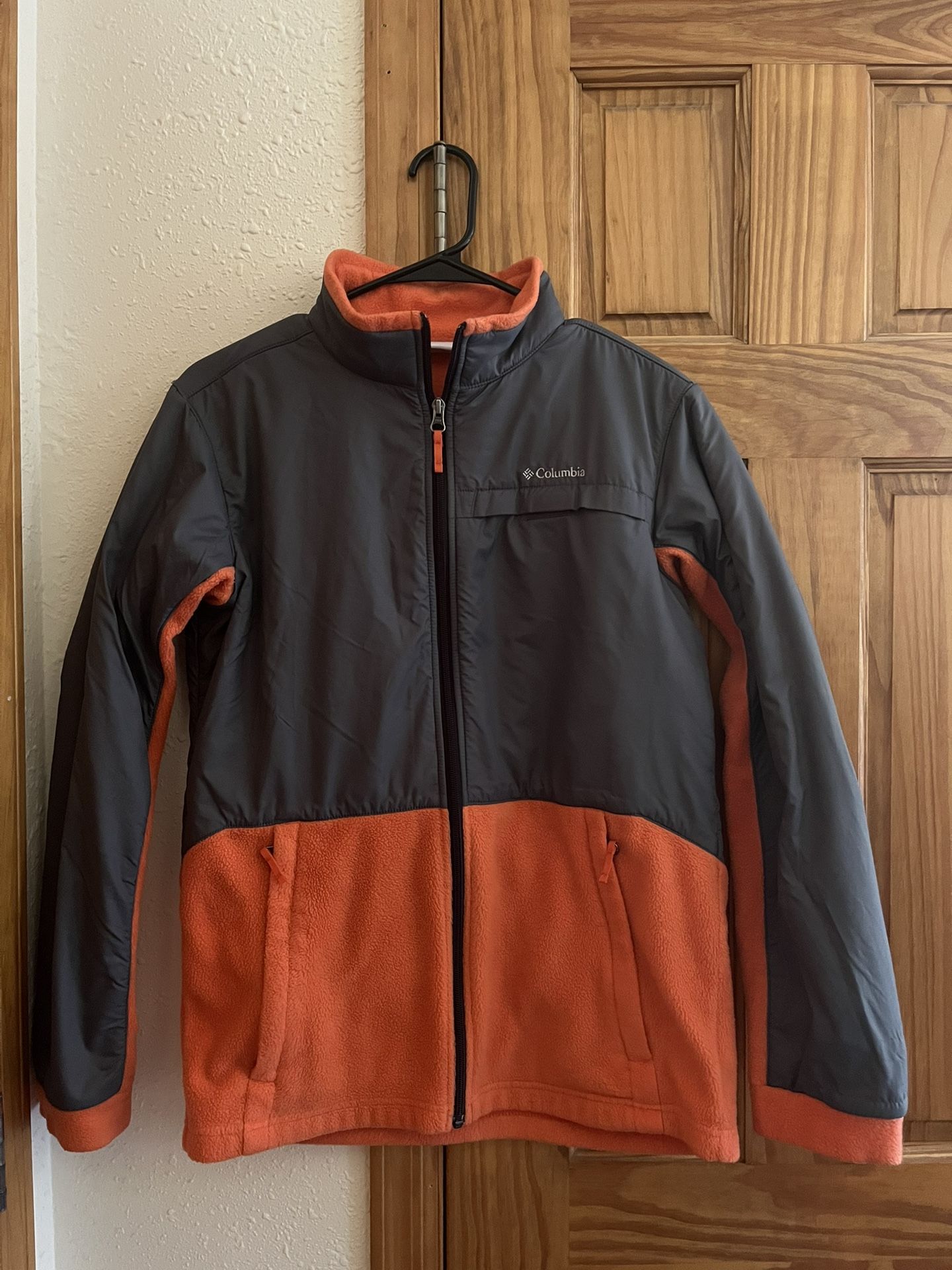 Columbia Zip Fleece Jacket with Nylon Overlay, Orange & Gray, Youth XL (18/20)