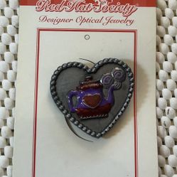Vintage Red Hat Society Heart Shape Pin With A Teapot W/drop Down Loop NWT
