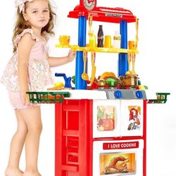 Kitchen Set for Kids - Kids Kitchen Playset with Sink, Cooking Spray, Faucet, Lights, Sounds, BBQ - 33" High Pretend Play Kitchen for Kids Ages 4-8 - 