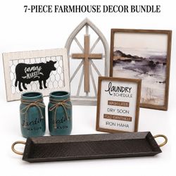 7-Piece Farmhouse Home Decor Bundle – Wall Art, Cross, Mason Jar Decor & Tray