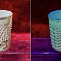 Antique Northwood Geneva Custard Glass Tumbler Uranium Glow Shell and Scroll