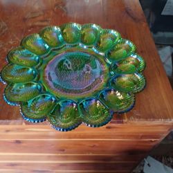 Vtg 1950 Indiana Green Irridescent Carmival Devil Egg Platter