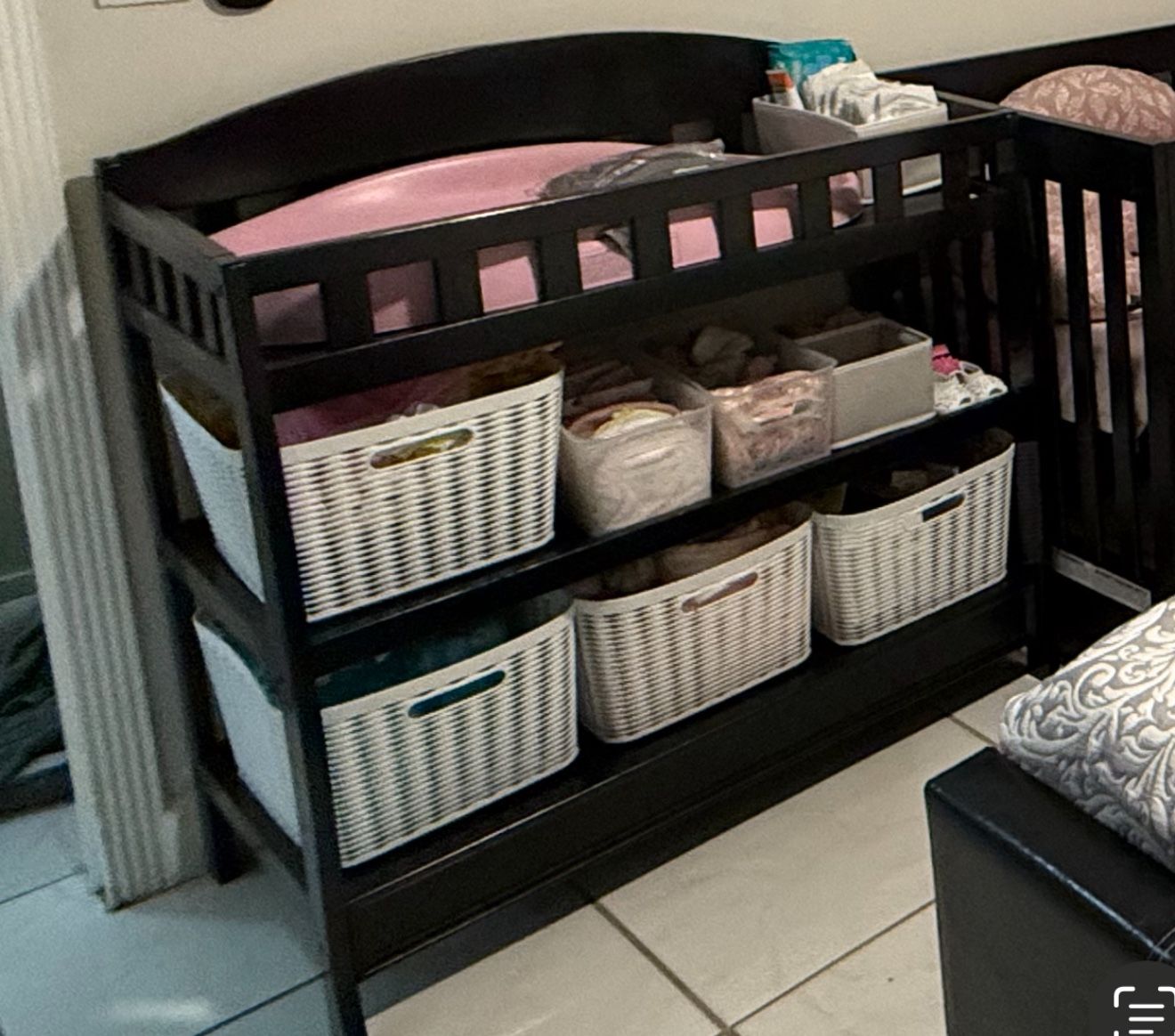 Babyletto Crib Acrilic and change table storage black and mattress