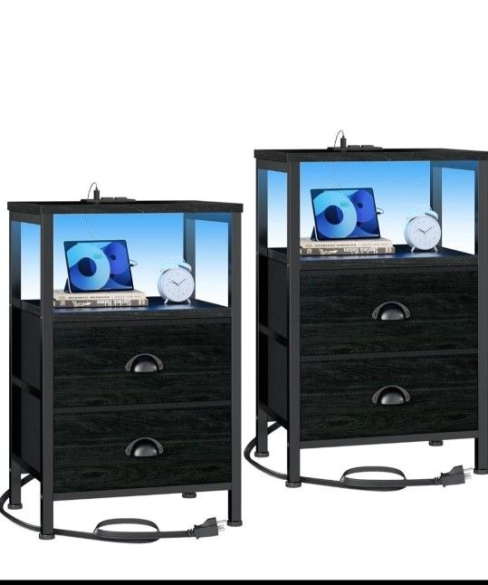 Set of 2 Nightstand Bedside Table 2 Drawers with Charging Station and USB Ports