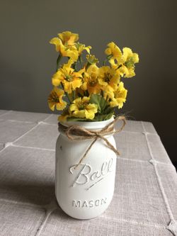 Distressed mason jar vase with silk flowers $5