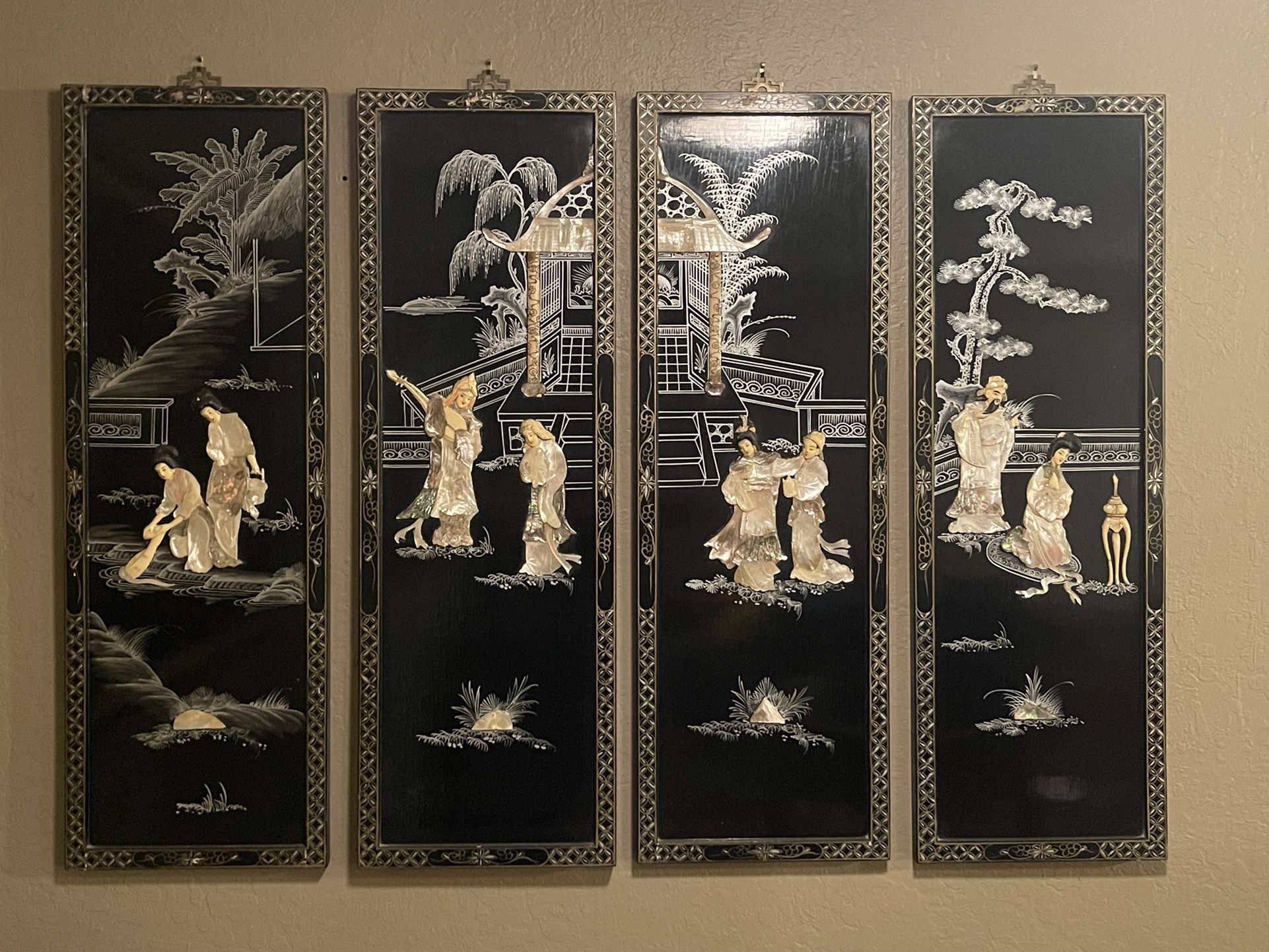 4 Vtg Japanese Carved Mother of Pearl Shell Wall Art Black Lacquer