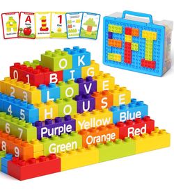 Large Building Blocks for Toddlers: 42 Learning Blocks & 50 Activity Cards 90PCS Jumbo Blocks with Letter, Number & Color Blocks in Storage Box - No E