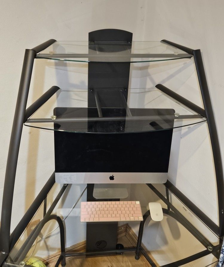 Cirner Computer Writing Desk Table Tempered Glass Top Home Office Book Shelves Display Storage