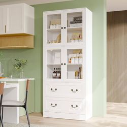 78.7" H Bookcase with Glass Doors, 4-Tier Bookshelves with 2 Drawers