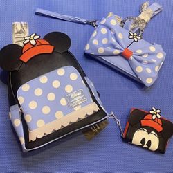 Loungefly Disney Positively Polka Dot Minnie Mouse Bundle - ALL NWTs   Blue Polka Dot Mini Backpack, Matching Crossbody, Matching Wallet  - NWTs 