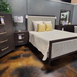 Burkhaus Brown Upholstered Bedroom Set Queen or King Bed Dresser Nightstand Mirror Chest Option Total 