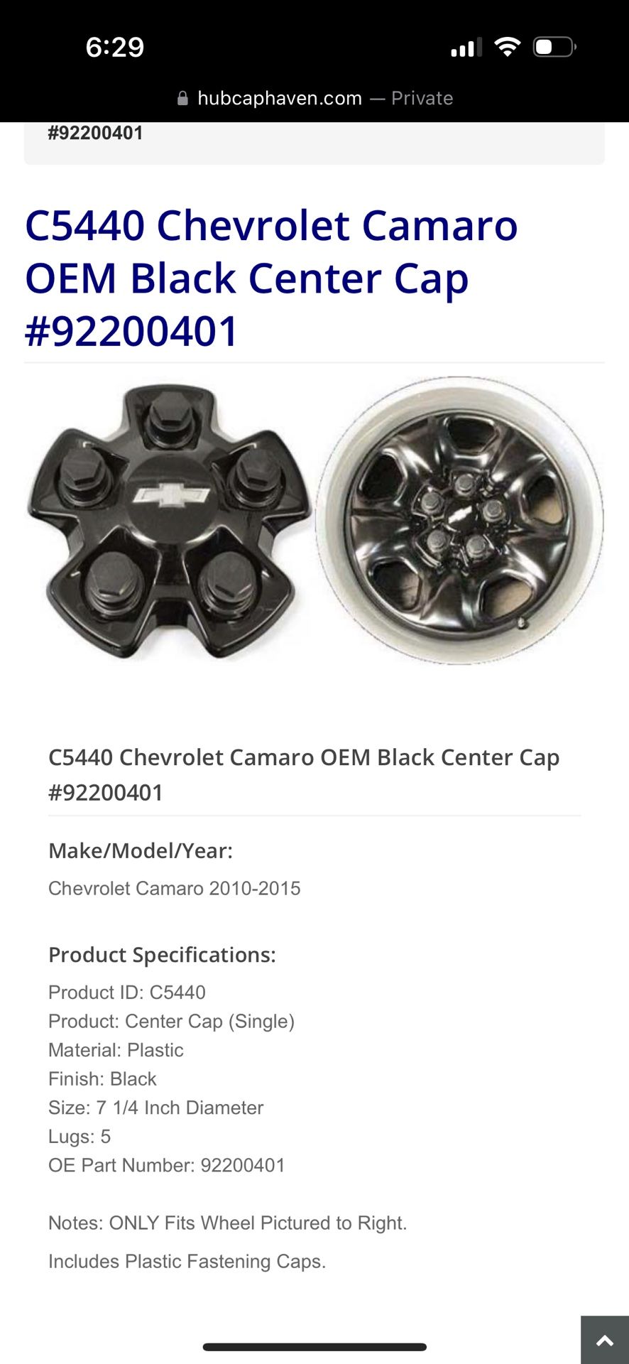 Chevy Camaro OEM Black Center Cap 