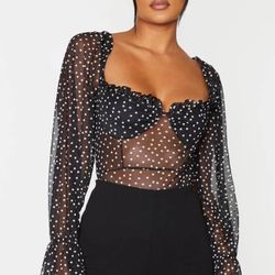 PrettyLittleThing Purple Black Mesh Polka Dot Milkmaid Bodysuit