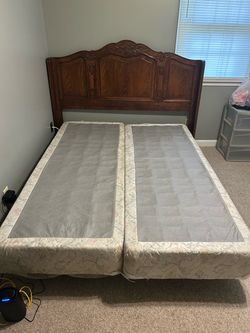 Queen Bed Frame with Carved Wood Headboard