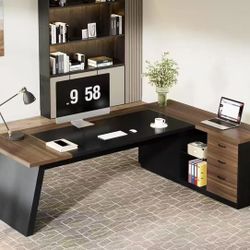 HL0242AB L-Shaped Executive Desk, 78" Modern Office Desk with Drawers and Lateral File Cabinet, Large Computer Table with Storage Shelves, Workstation