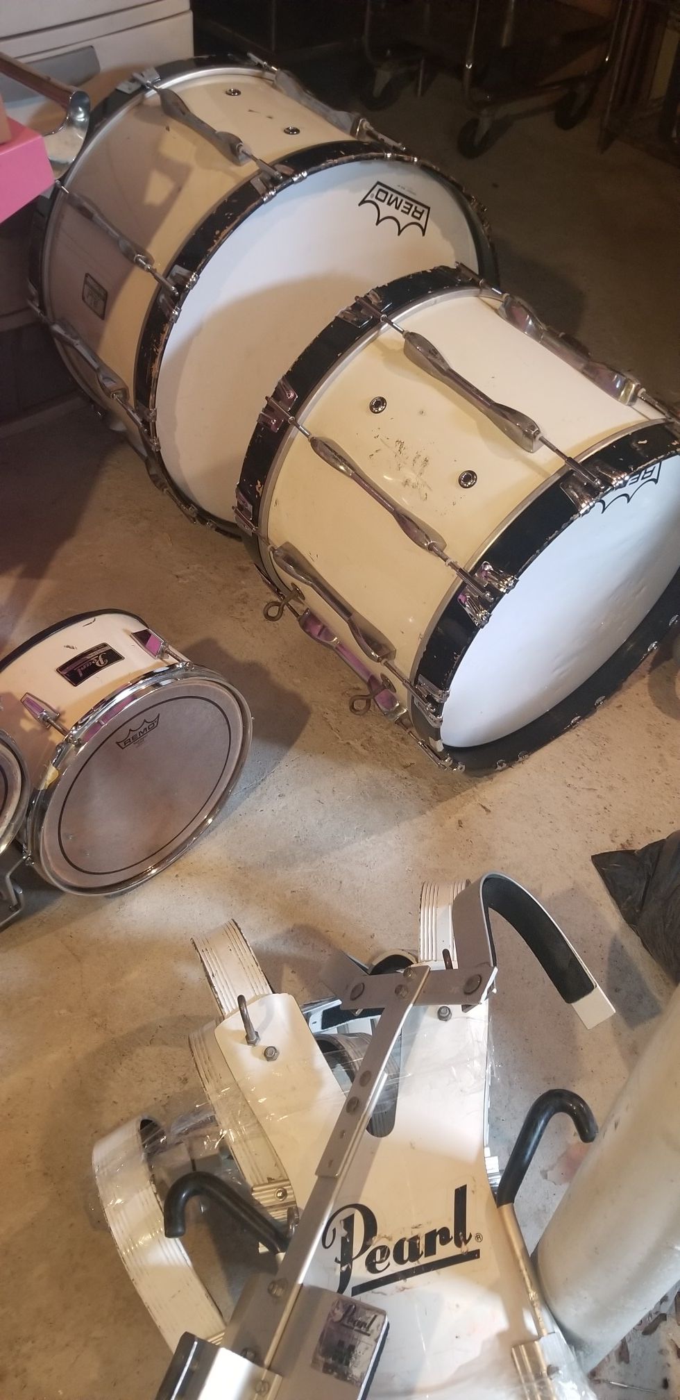 Pearl Marching Band Drum sets with carriers