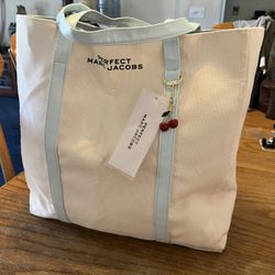 Mark Jacob’s Perfect XL Large Tote Bag Ivory White Canvas & Blue Smooth Leather 