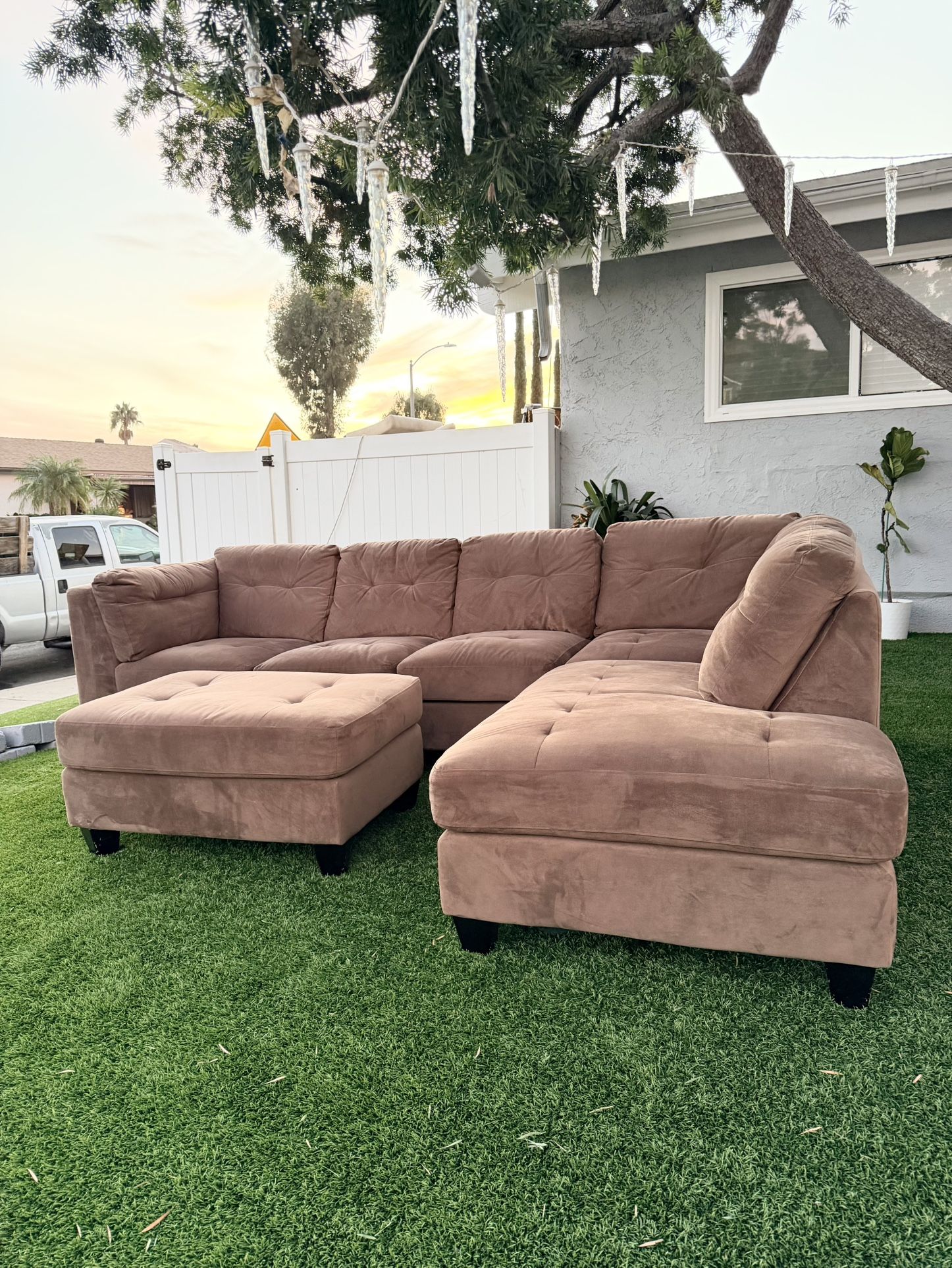 Light Brown 2 Piece L Shape Sectional Sofa With Ottoman