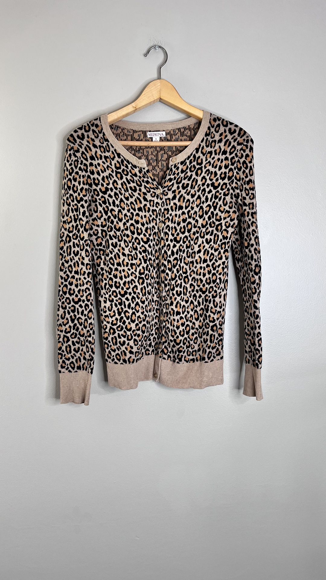 Merona Small Black Tan Orange Cheetah Print Button Down Knit Cardigan Sweater
