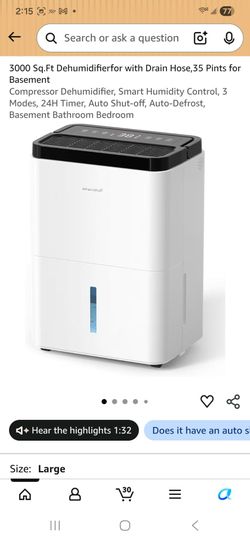 3000 Sg.Ft Dehumidifierfor with Drain Hose.35 Pints for Basement
Compressor Dehumidifier, Smart Humiditv Control, 3 Modes, 24H Timer, Auto Shut-off, A
