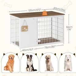 Foldable Dog Crate Furniture, 47.2" Dog Crate with DIY Frame, Heavy Duty Dog Kennel Indoor with Hooks, Wooden Dog Cage End Table, for Small/Medium/Lar