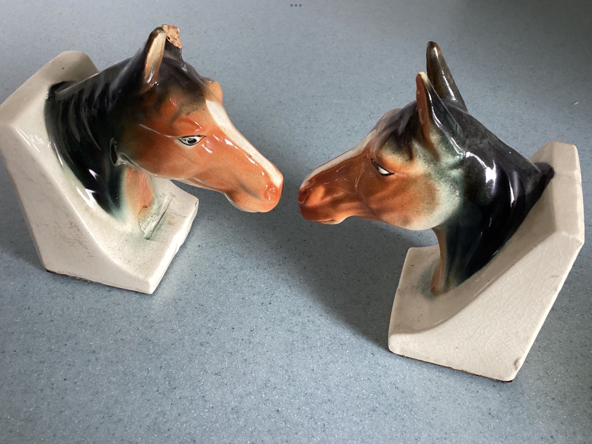 Vtg. Pre-WWII Ceramic Horse Head Bookends Japan