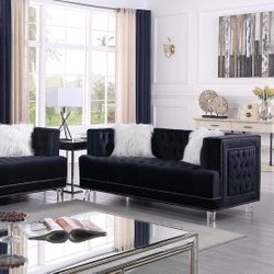 2pc Sofa Set - Black Velvet Sofa + Loveseat