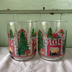 Vintage Libbey Christmas Holiday Fireplace Lowball Drinking Glasses Tumblers 2