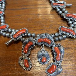 Navajo Red Coral Squash Blossom Sterling Silver Necklace
