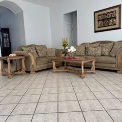 Genuine Wood Living Room Set - Sofa, Loveseat, Coffee Table, 2 End Tables