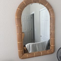 Rattan Furniture 41” Large MCM Arch Handwoven Pencil Reed Wicker Wall Mirror Wrapped CRESPI Style