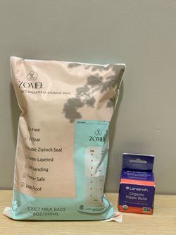 New Lansinoh Organic nipple balm / nipple cream & Zomee 100 count breast milk storage bags