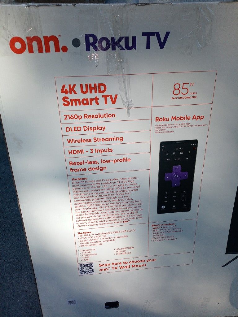 -FIRM PRICE NON-NEGOTIABLE- 85 In. Onn 4k Roku Smart TV W/Remote