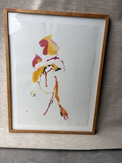 Bright abstract watercolor by John Dole. A dynamic composition in yellow-orange-crimson tones with expressive streaks and spots. The print is on high-