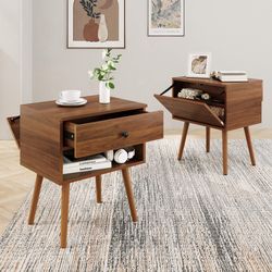 2 Pcs Set Of Brown Blair 2-layer Hidden Storage Side Table