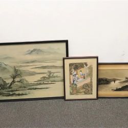 Asian Art Work 3 Framed Japanese And Chinese Watercolors & Print