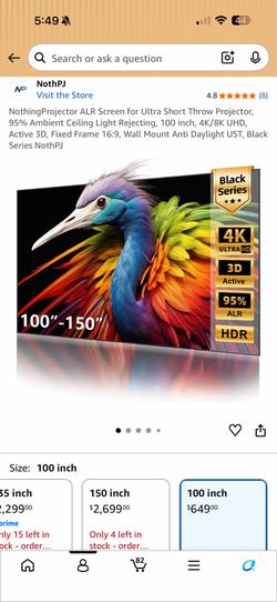 NothingProjector ALR Screen for Ultra Short Throw Projector, 95% Ambient Ceiling Light Rejecting, 100 inch, 4K/8K UHD, Active 3D, Fixed Frame 16:9, Wa
