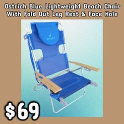 NEW Ostrich Blue Lightweight Beach Chair With Fold Out Leg Rest & Face Hole: Njft 