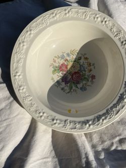 Vintage Homer Laughlin Eggshell Theme Floral Embossed 9 3/4” Round Serving Bowl Made in U.S.A.