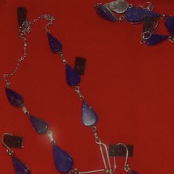 Lapis Lazuli Jewelry Set – Necklace, Bracelet, Ring & Earrings (Silver Tone)