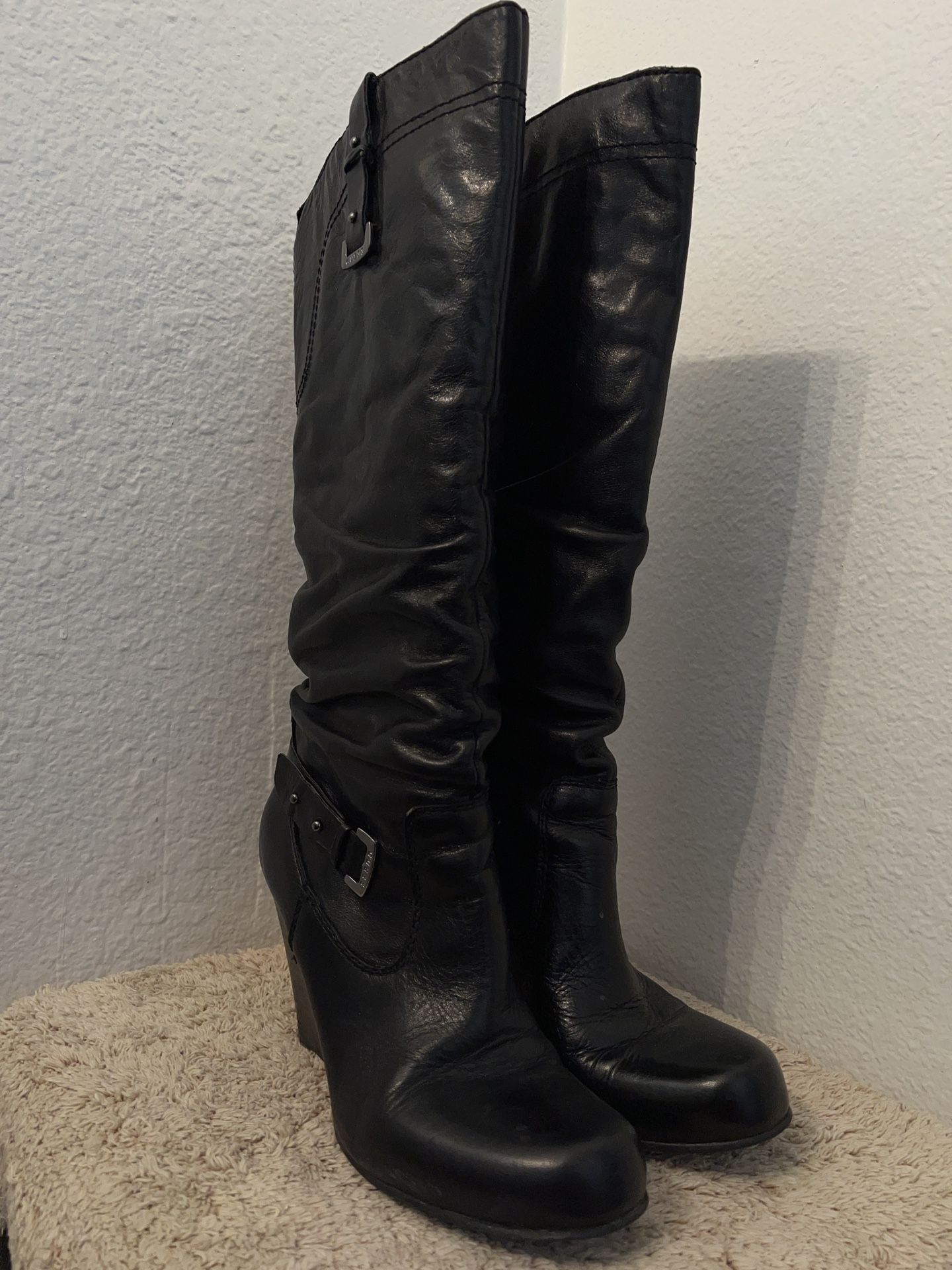 Guess Mabele Women’s Black Leather High-Wedge Boots
