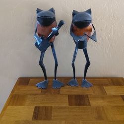 Pair Of Tall Metal Guitar & Drummer Frogs