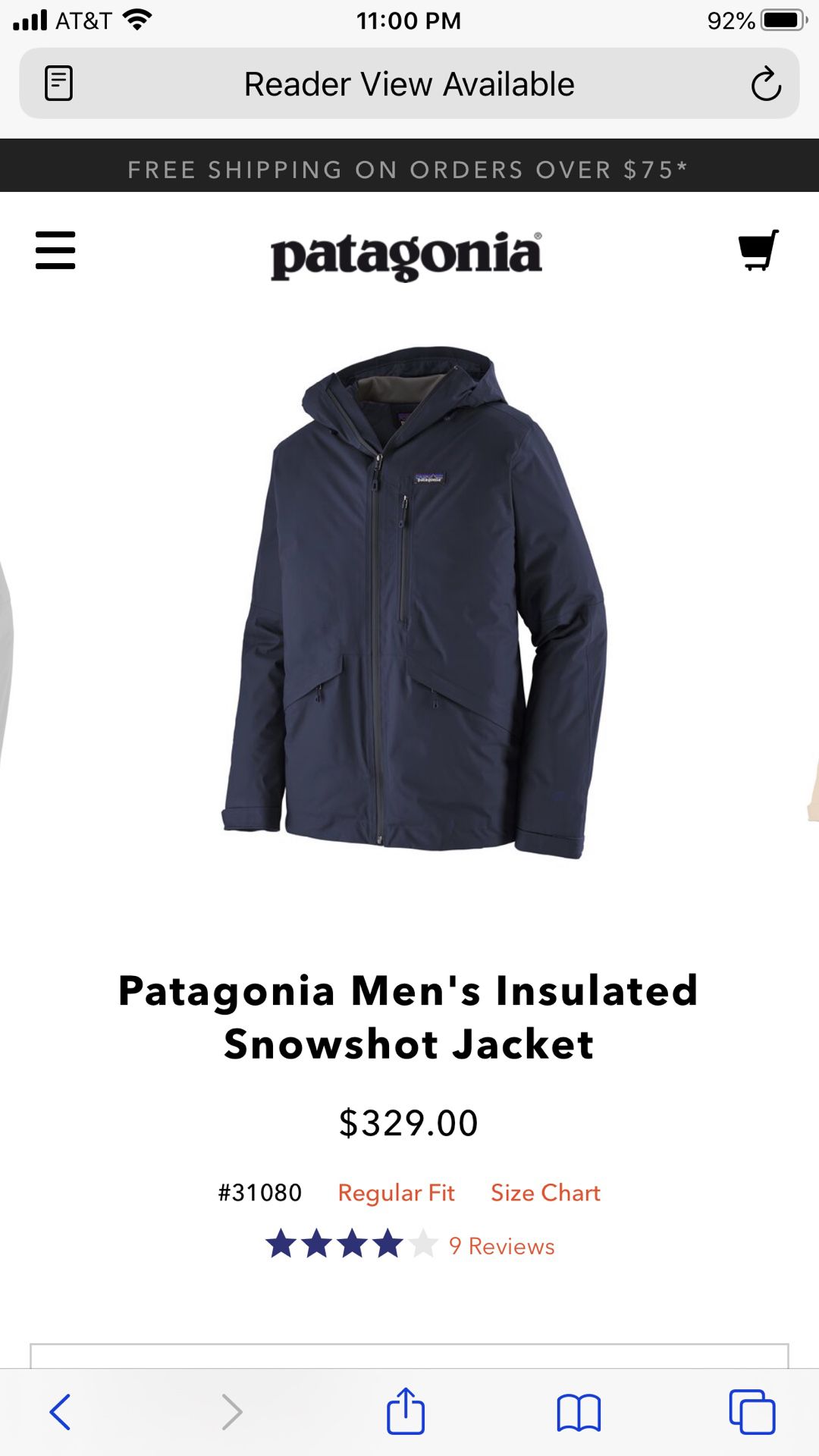 Patagonia men’s insulated snowshot jacket. ( size large ) ( color navy )