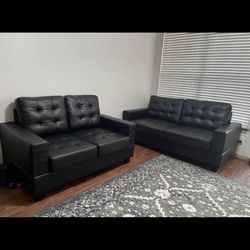 Leather Type Black Couch With Loveseat 