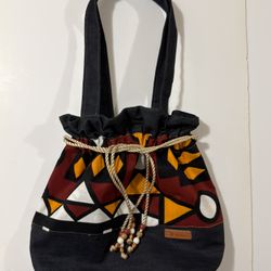 Denim Midnight With Burgundy Yellow White Black Print Medium Drawstring Tote Bag